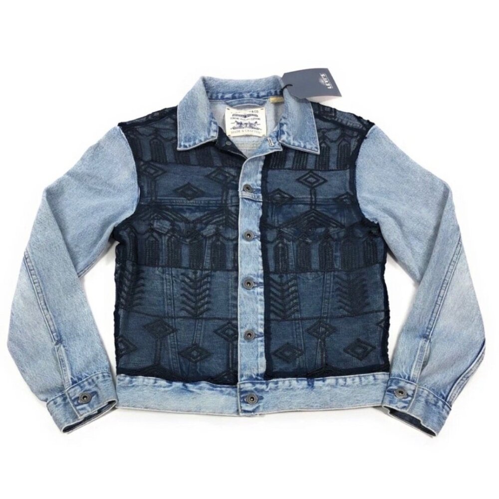 Levis Made Crafted Denim Trucker Jacket Size L French Tulle Embroidered Lace